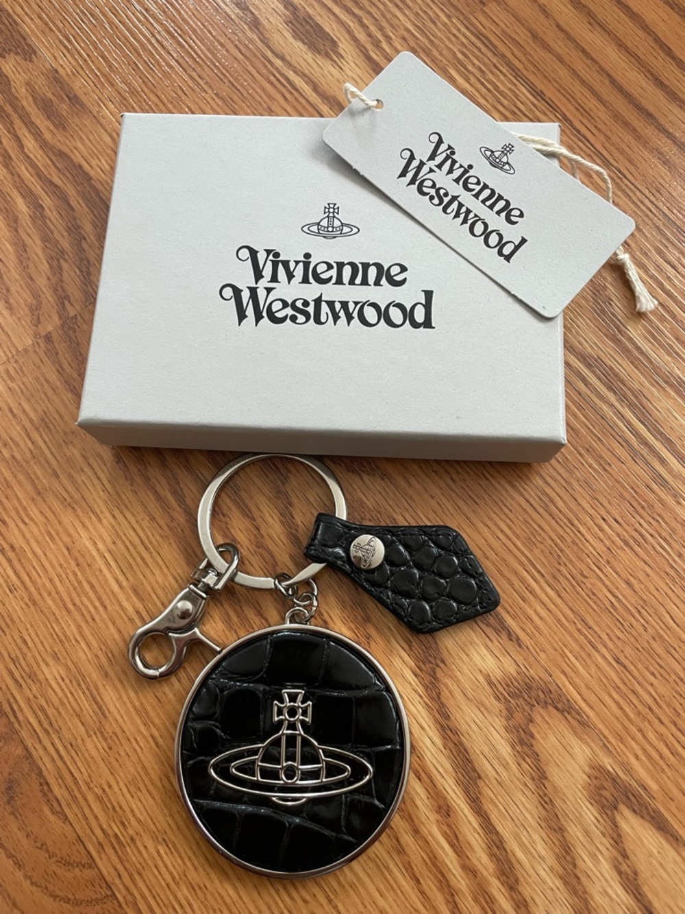Vivienne Westwood Crocodile Thin Line Orb Keyring Black Embossed Croc Leather